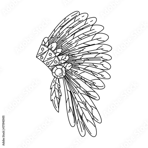 Roach's headdress is decorated with feathers, Native American designs. symbol of Native Americans in doodle style. headdress of chiefs, military leaders. Engraving, graphics, shading. American Indians