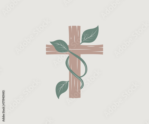 stylized Christian Cross Church intertwined with leaf vector logo, harmony and balance