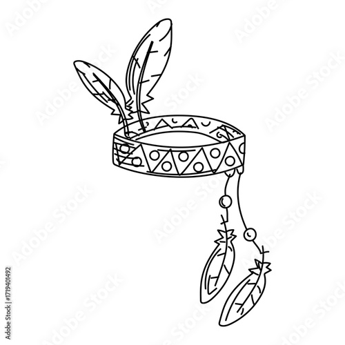 The headband is decorated with feathers and Native American designs. A Native American symbol in the doodle style. A women's feathered headdress. Engraving, graphics, and shading. American Indians