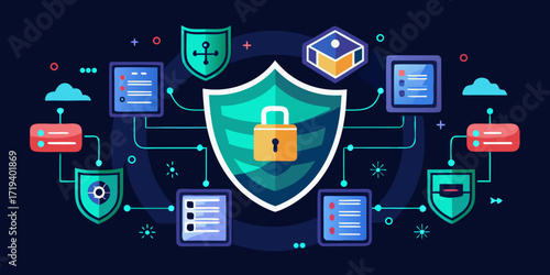 Digital security shield with padlock and network connections protecting data and information