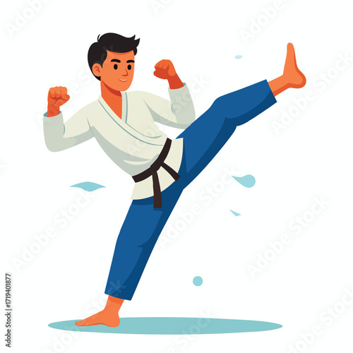 A man in a white gi with a black belt performs a high kick in a martial arts stance.