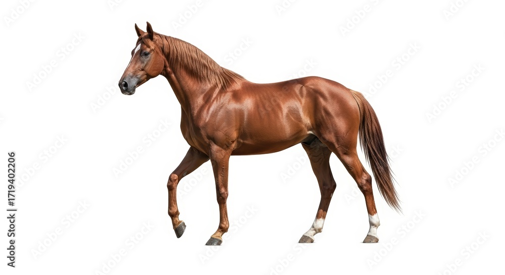 Naklejka premium A majestic chestnut horse with a flowing mane and tail walks gracefully against a stark white background.