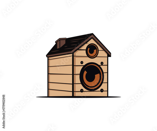 Vector art of house with sound speaker for music and audio entertainment logo