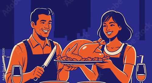 Illustrative couple preparing to serve Thanksgiving turkey dinner in style setting scene