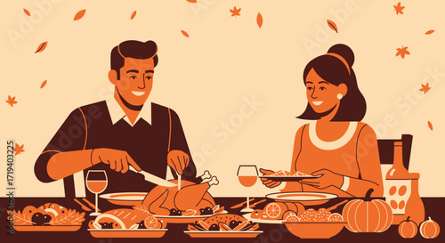 Thanksgiving feast illustration featuring a couple enjoying a festive meal with autumnal elements