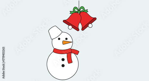Festive illustration of a cheerful snowman under hanging Christmas bells decoration smiling friendly