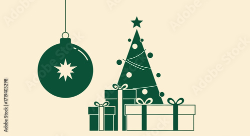 Minimalist festive illustration with christmas tree gifts and ornaments celebration spirit holiday