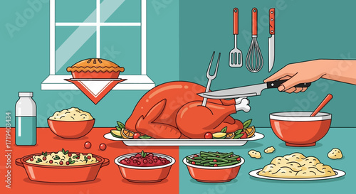 Stylized thanksgiving dinner illustration featuring a turkey and various side dishes arranged on a