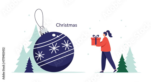 Festive season illustration featuring christmas ornament and gift-giving woman with holiday spirit