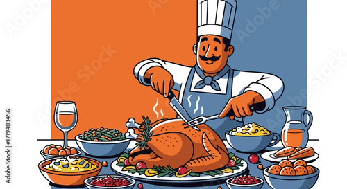 Chef carving a roasted turkey at a Thanksgiving feast celebration cartoon illustration