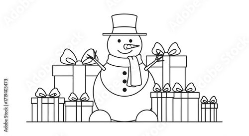 Festive snowman illustration with gifts adding joy and charm to the winter holiday spirit
