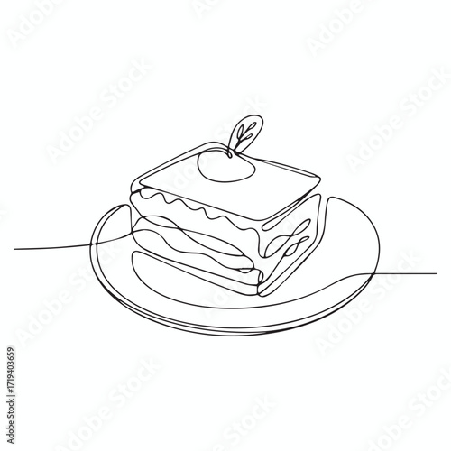 Continuous Simple black line art drawing of a lasagna in a minimalist style on a white background.