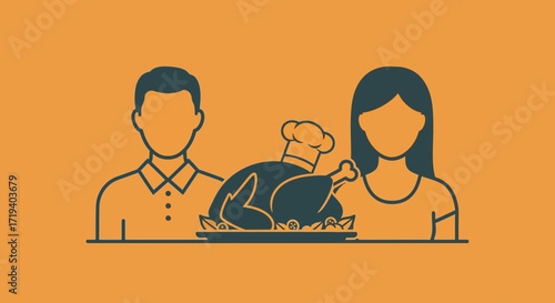 Family Thanksgiving dinner celebration flat vector illustration on orange background presenting a