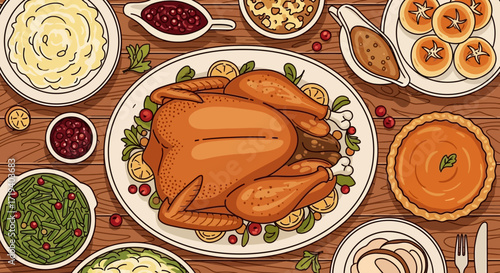 Festive Thanksgiving feast illustration featuring a golden turkey and various side dishes