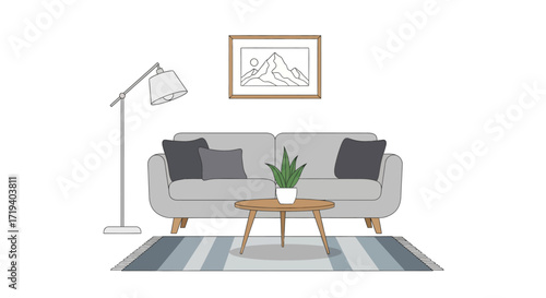 Scandinavian style living room interior with sofa plant painting and lamp design for home decor