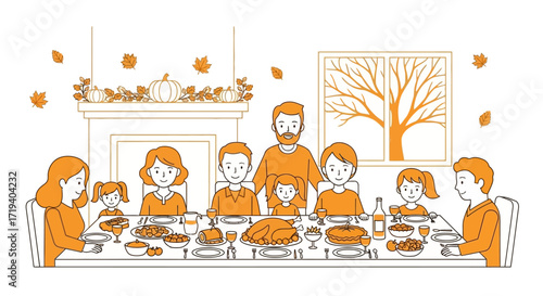 Illustration of a family gathering around a Thanksgiving dinner table expressing gratitude and