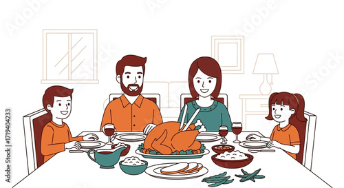 Happy family enjoying Thanksgiving dinner together in a cozy home setting sharing a delicious meal