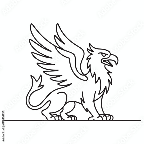 Continuous Simple black line art drawing of a Griffin in a minimalist style on a white background.