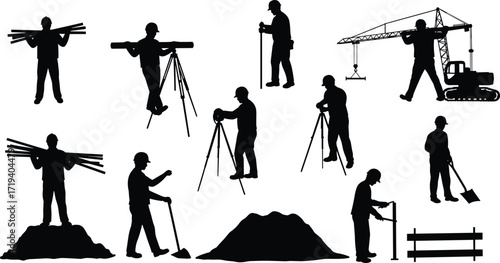 Silhouettes of construction workers with tools, surveying equipment, crane, and building materials in black vector illustration.