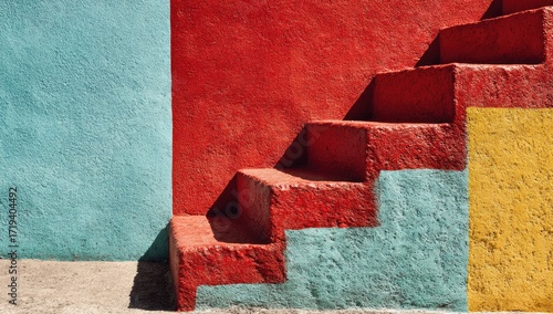 Vibrant steps ascend a wall painted in bold colors, showcasing a vibrant interplay of teal, red, and yellow hues.