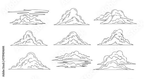 Collection of nine distinct cloud formations in a minimalist line art silhouette style