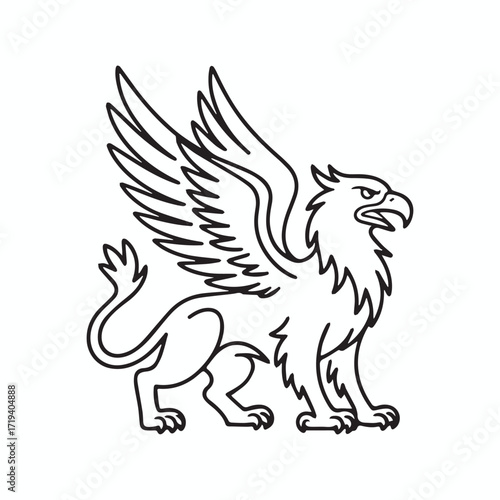 Continuous Simple black line art drawing of a Griffin in a minimalist style on a white background.