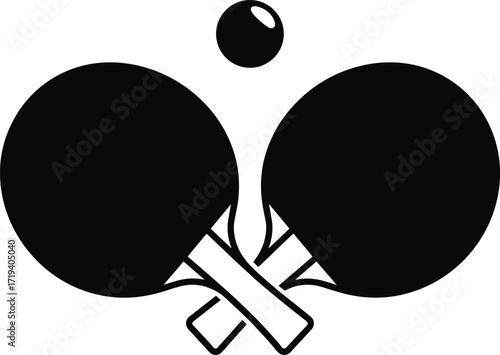 Table tennis paddle icons, crossed racket design, ping pong ball graphic, black and white illustration, sports equipment vector, competitive game symbol, minimal style