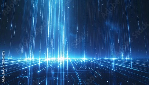 Shimmering blue light particles descending and reflecting, symbolizing vast data streams and interconnected digital networks in an abstract technological landscape