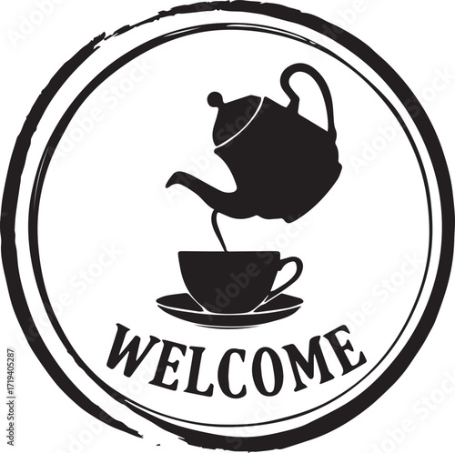 Welcome tea time Stamp: A welcoming graphic stamp depicting a teapot pouring tea into a teacup, inviting viewers to a relaxing and delightful tea time experience.
