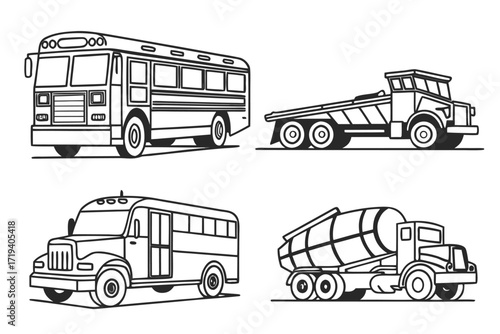 Vehicles Lineup Illustration: A set of intricate line drawings of various heavy-duty vehicles, showcasing the form and detail of a school bus, transport truck, tanker truck, and school bus.