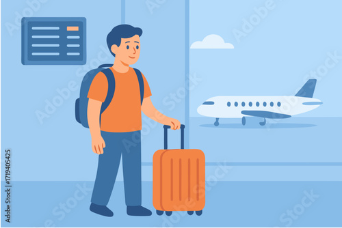 Man with suitcase and backpack at airport, ready for travel and departure