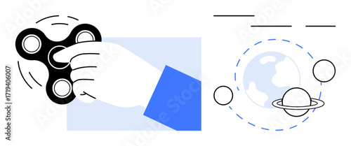 Hand holding a spinning fidget spinner next to a planetary orbit diagram featuring Earth and Saturn. Ideal for activity, physics, focus, science, play, creativity, simple flat metaphor