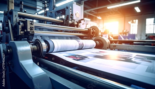 Close-up of a large industrial printing press in operation, producing paper products with warm lighting