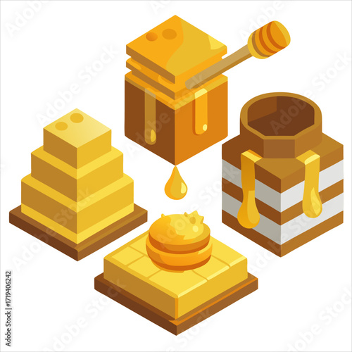 Set of vector illustrations of honey in honeycombs, in a jar, dripping from honey dipper