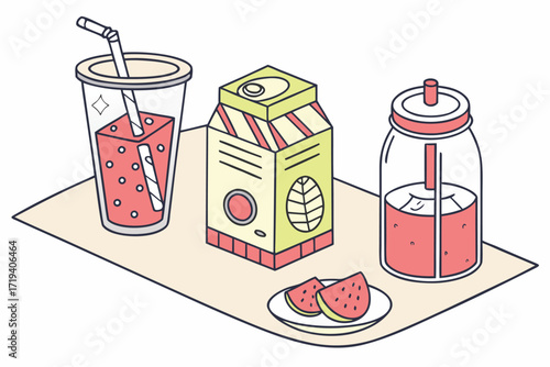 Juicy Refreshments: An artistic illustration depicts a selection of refreshing drinks, complete with fresh watermelon slices, evoking the lightheartedness of summer relaxation.