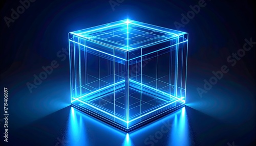 Stylized 3D transparent cube with glowing blue holographic lines