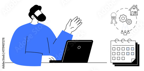 Person using laptop, gesturing at a calendar and housing-related icons. Ideal for remote work, property management, scheduling, productivity planning, teamwork, real estate, digital solutions