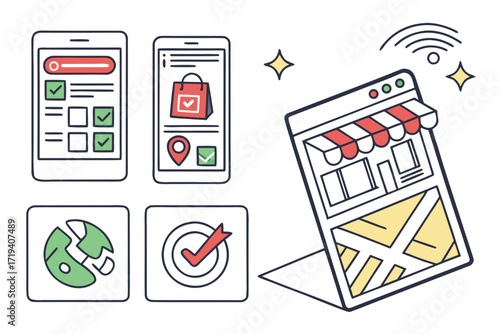 Digital Marketplace Illustration: A modern illustration depicting a digital marketplace, showcasing mobile app screens and a website interface, suggesting online shopping, ease of access.