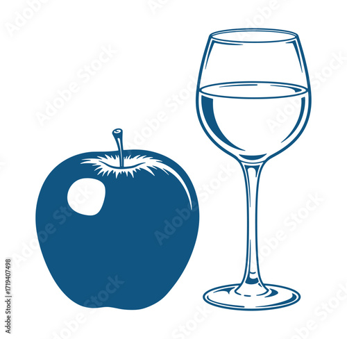 Blue silhouette apple and wine glass on white background minimalist vector illustration