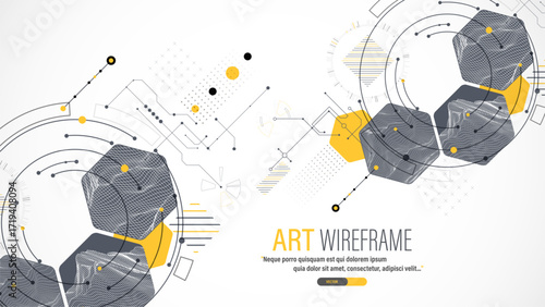 Minimal abstract composition with wireframe mountains, geometric hexagons, dots, and lines.