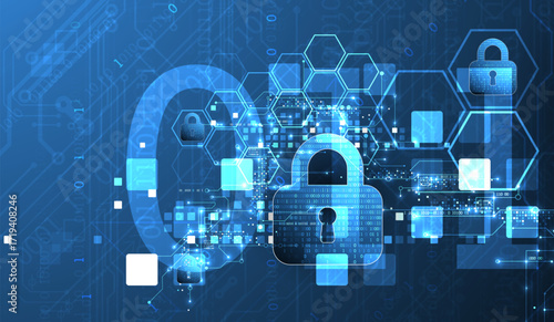 Abstract technological background on the topic of information protection. Various technological elements with padlocks inside which is a digital code.