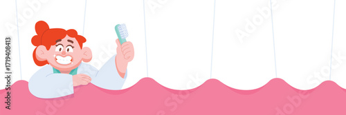 Cartoon tooth - A woman doctor poking up from the teeth and holding a toothbrush illustration vector design. Dental care concept.