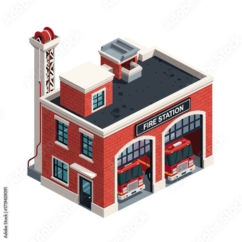 Isometric Fire Station with Two Fire Trucks Ready for Action Vector Icon Design, Community Safety and Emergency Services Concept, Public Service