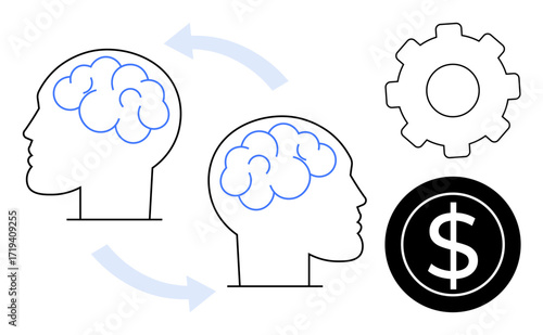 Two human profiles with brains connected by arrows, gear symbol, and dollar sign. Ideal for creativity, teamwork, problem-solving, innovation, expertise progress wealth. Minimal flat metaphor