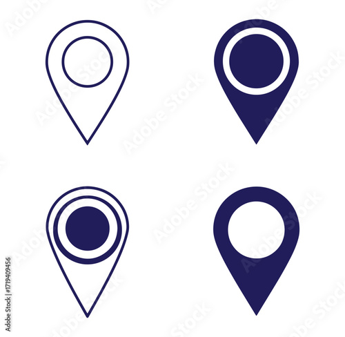 Collection of four simple location pins in outlined and filled vector styles