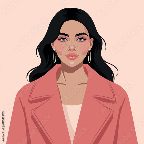 Elegant vector fashion portrait of a stylish woman in a pink coat. Modern minimal illustration perfect for branding, magazine design, social media, posters, cards, and seasonal fashion projects.