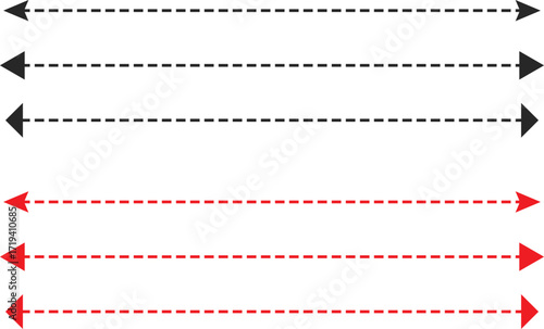 Dual sided dotted line arrow icon set. Horizontal long straight dashed line arrows collection. Double side long arrow symbol. Two sided long arrow