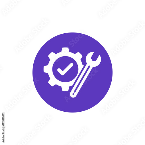 Technical support and successful implementation concept featuring a gear, checkmark, and wrench symbolizing a finished setup or optimization