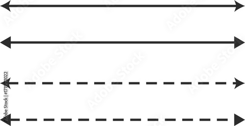 Dual sided dotted line arrow icon set. Horizontal long straight dashed line arrows collection. Double side long arrow symbol. Two sided long arrow