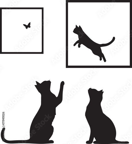 Playful Cat Chasing Butterfly: A captivating silhouette captures a lively cat's pursuit of a butterfly within a minimalist black and white composition, evoking whimsy and natural curiosity.